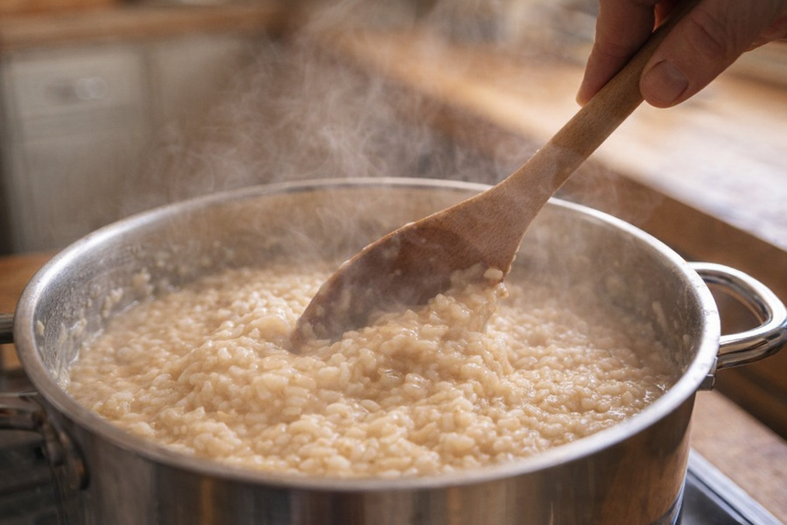 Action shot of risotto being stirred in a pot with a wooden spoon, steam rising, creamy texture visible, warm, inviting kitchen lighting